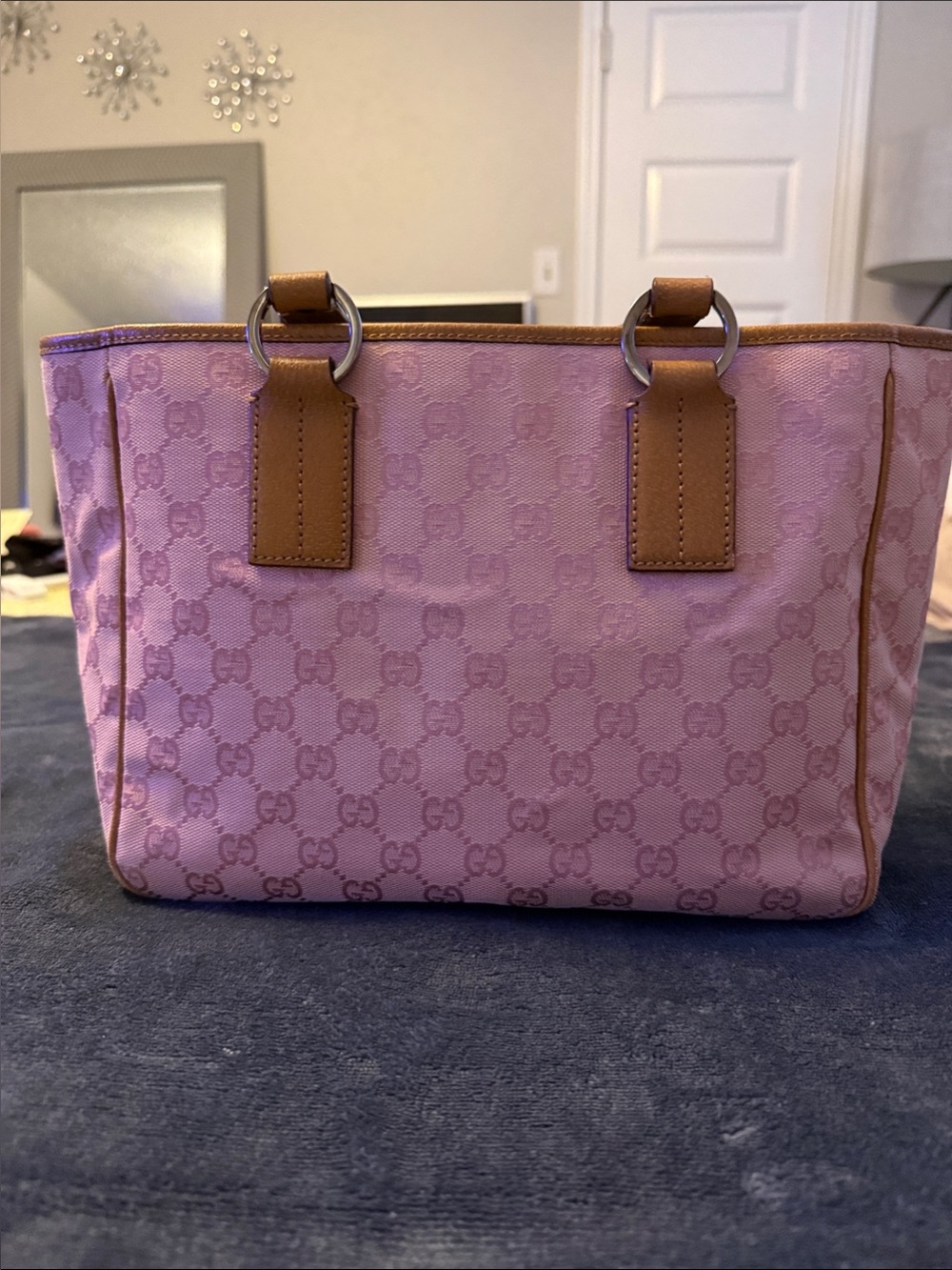 Gucci Pink GG Canvas Tote with Tan Leather Trim